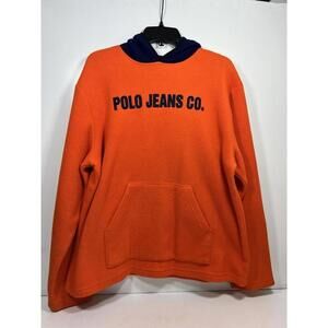 Vtg Ralph Lauren Polo Jeans Co Fleece Hoodie Orange Blue Hood 90s Mens L